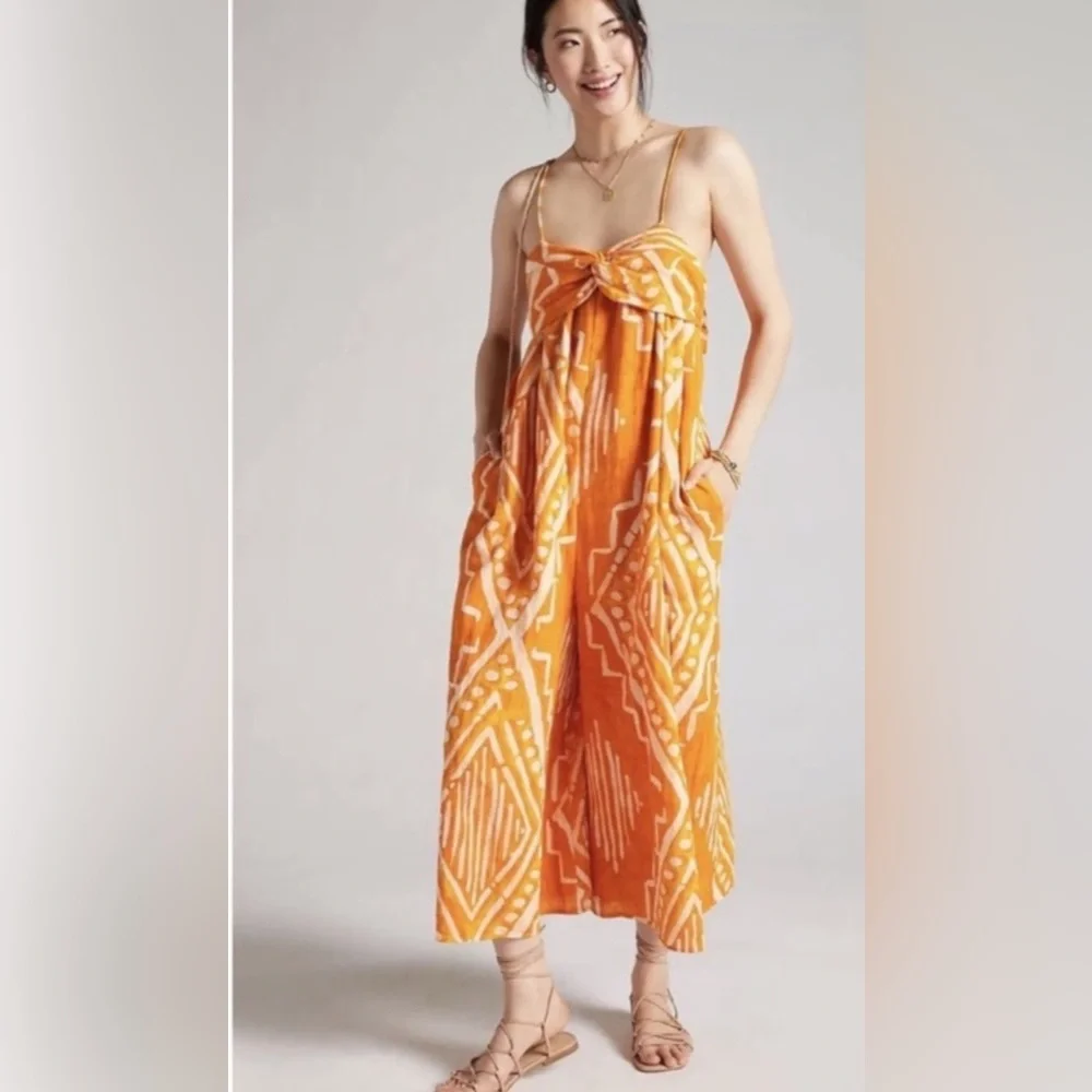NWT ANTHROPOLOGIE PLEATED WIDE-LEG JUMPSUIT IN ORANGE size L - Picture 4 of 10